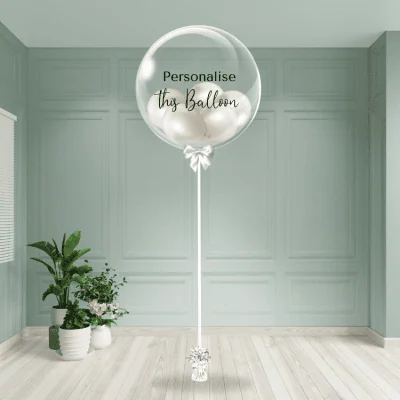 White and gold personalised bubble balloon inflated and ready to display