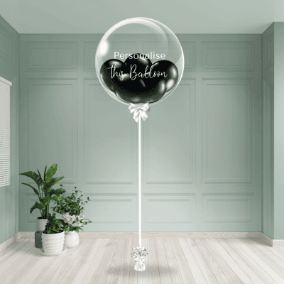 Elegant black bubble balloon with customisable text on a clear background, standing on a white pedestal.