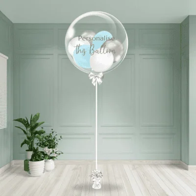 Cool-toned bubble balloon with customisable text, resembling an ice palace theme, on a silvery stand.