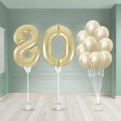 White gold number 80 foil balloons with matching latex balloon bouquet