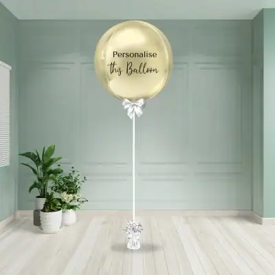 White gold personalised Orbz balloon styled with white satin ribbon and bow