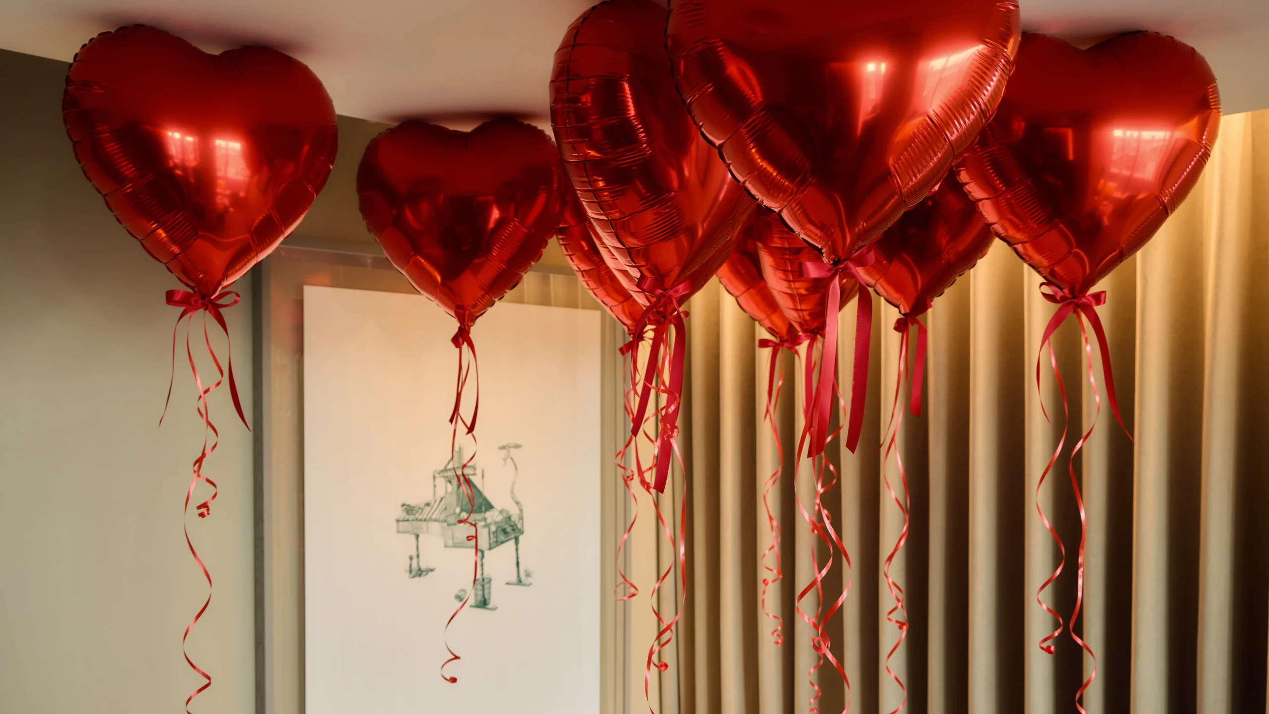 Luxury red heart Valentine’s balloons floating from the ceiling with satin ribbons