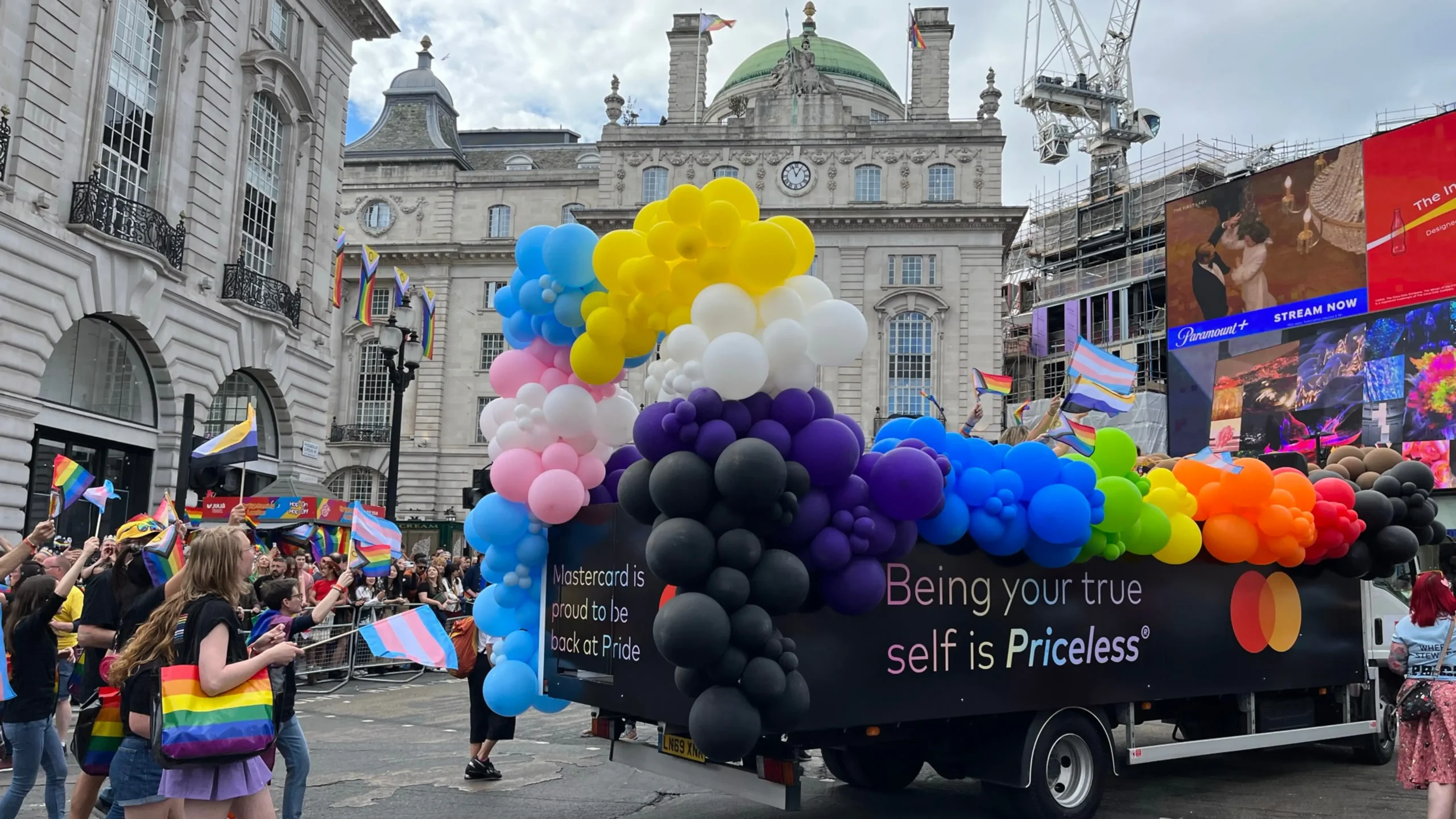 Balloonista rainbow balloon installation on Mastercard Pride parade float