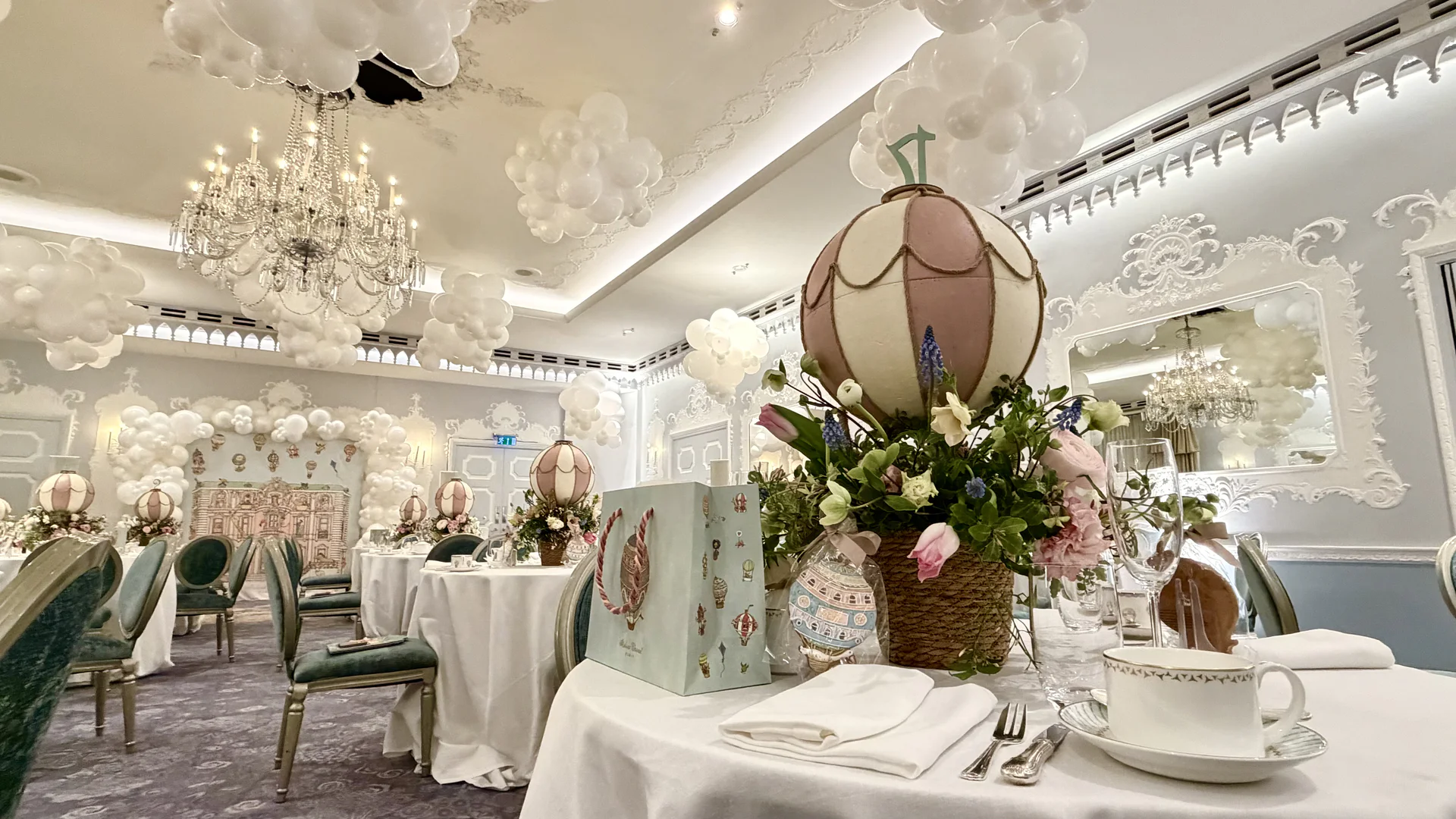 Luxury balloon decoration London by Balloonista — bespoke ceiling balloons, floral centrepieces and event styling at the Dorchester